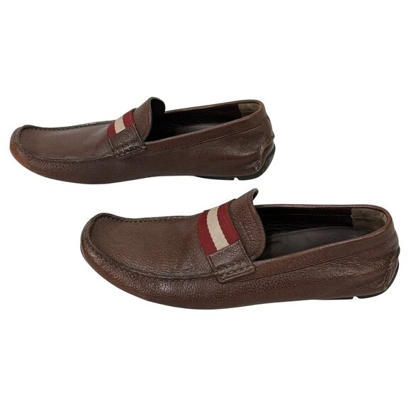 Bally Mens Waldan Driving Loafer Shoes Brown Leather Red Cream Stripe Size US 9? - Picture 3 of 16